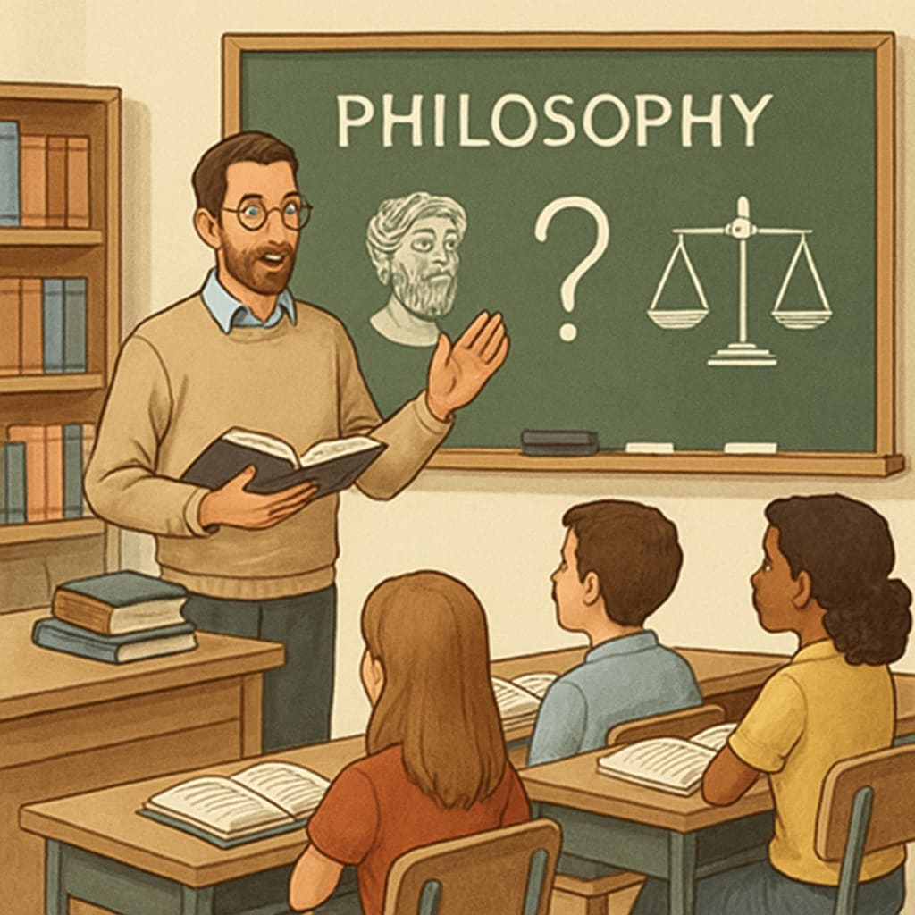 Philosophy teacher guiding students in a classroom setting