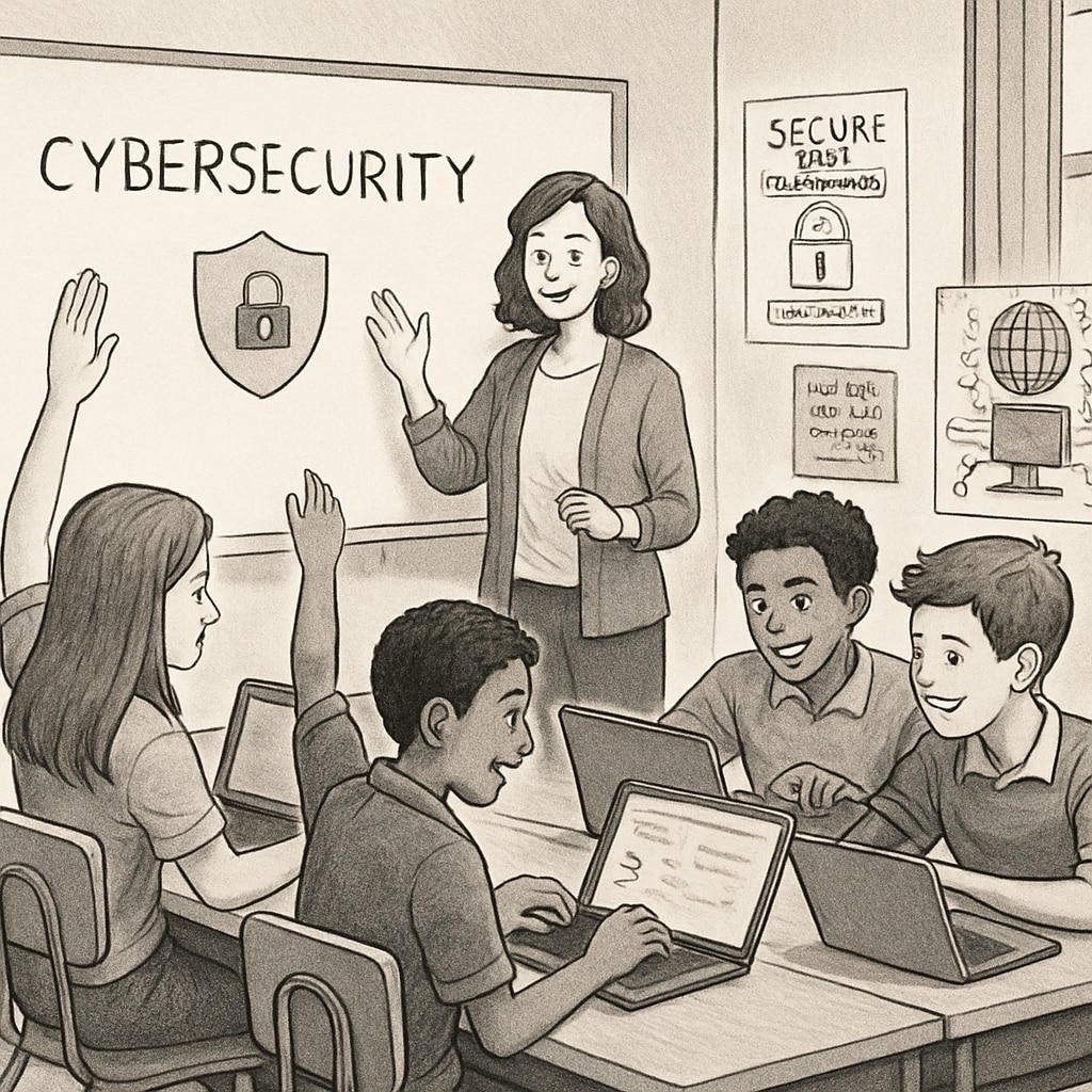 A classroom where students are engaged in a cybersecurity activity, showcasing K12 education in action. Students learning cybersecurity skills in a classroom, part of a K12 education curriculum.