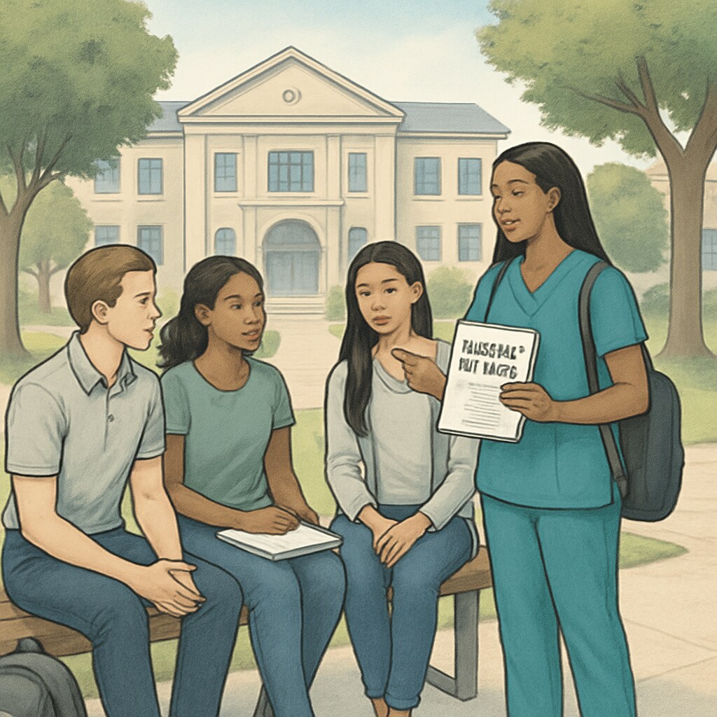 Students discussing nursing program details on a vibrant college campus.