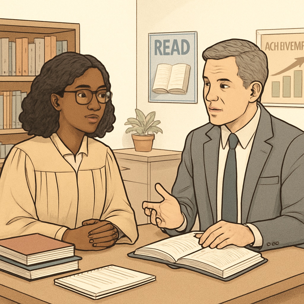Graduate student and school counselor interviewing for research assignment