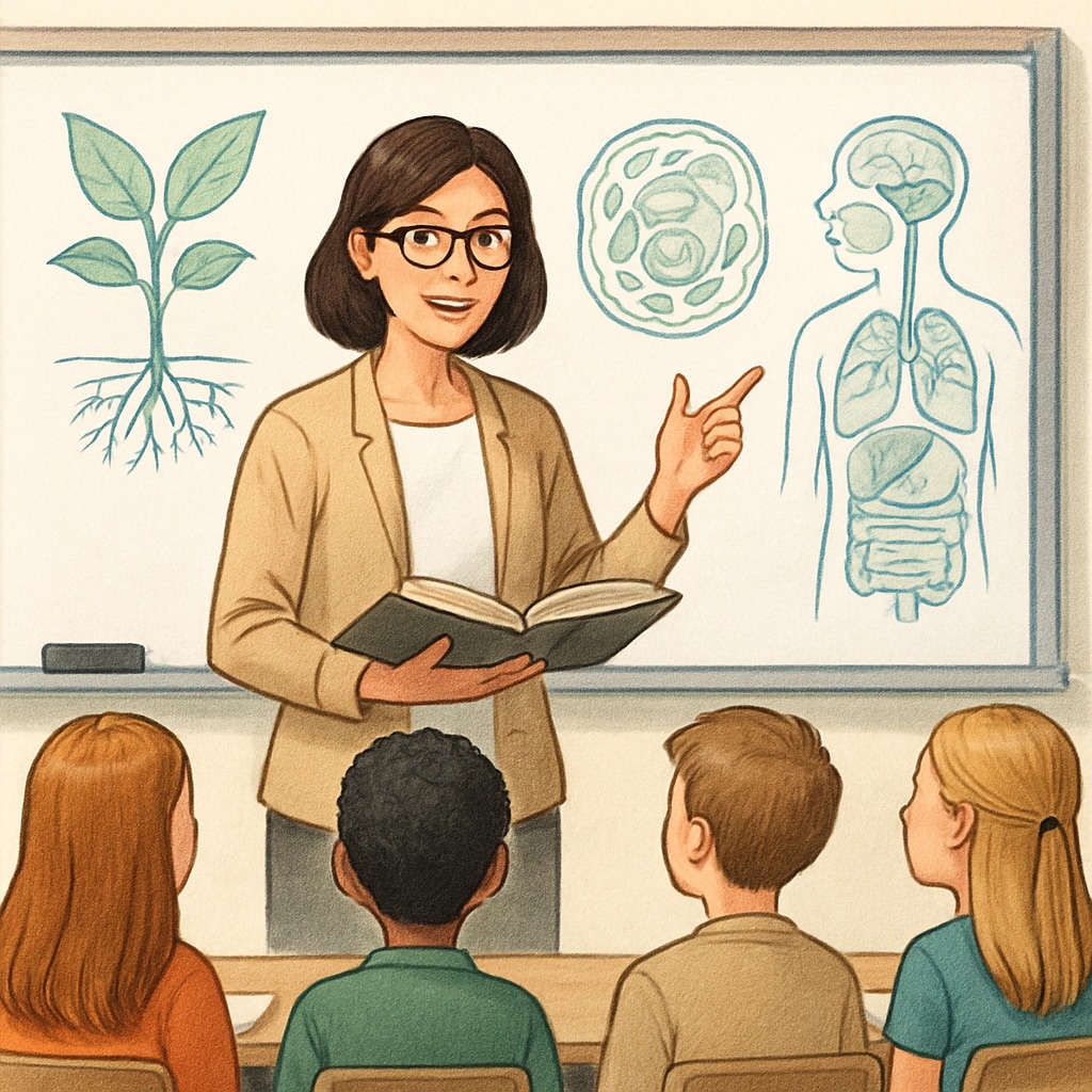 A teacher explaining a biology concept to students in a classroom setting, emphasizing the connection between biology expertise and education. Biology teacher in a classroom setting discussing a science concept with students.