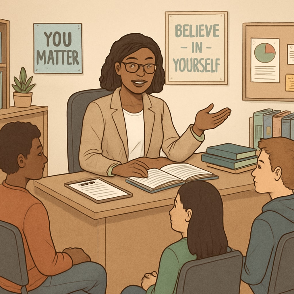 School counselor assisting students in an office setting