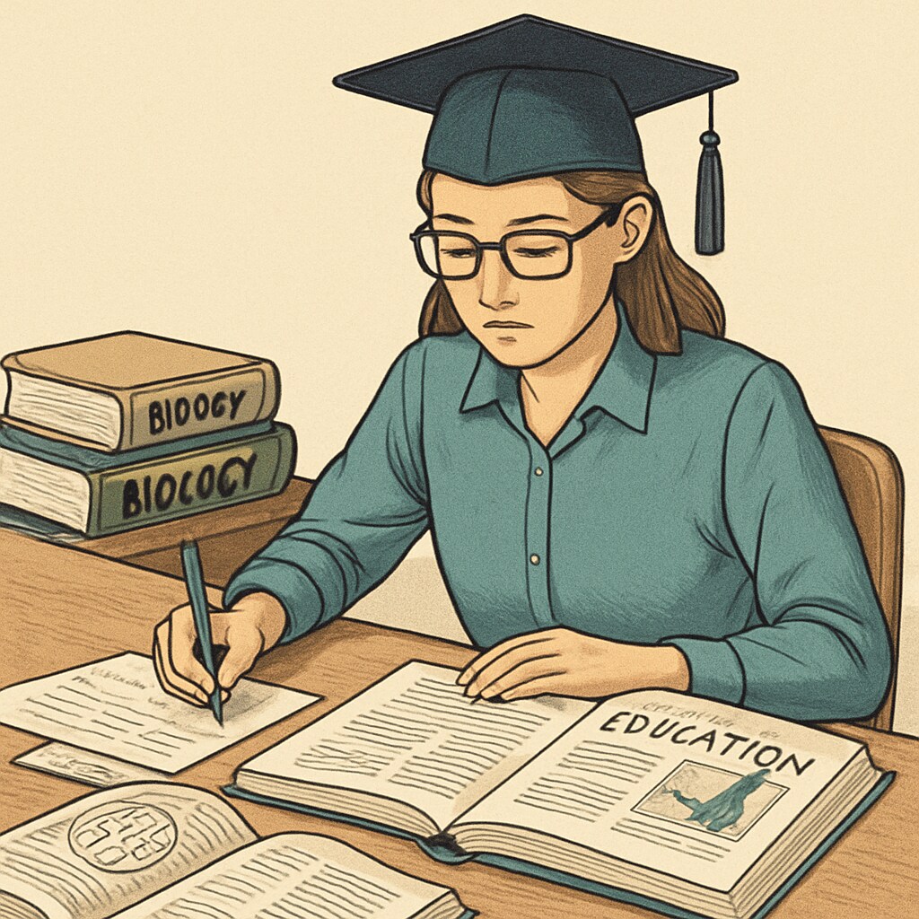 A graduate student studying education materials with biology textbooks nearby, symbolizing the transition from biology to education. Graduate student with biology and education materials on a study desk.