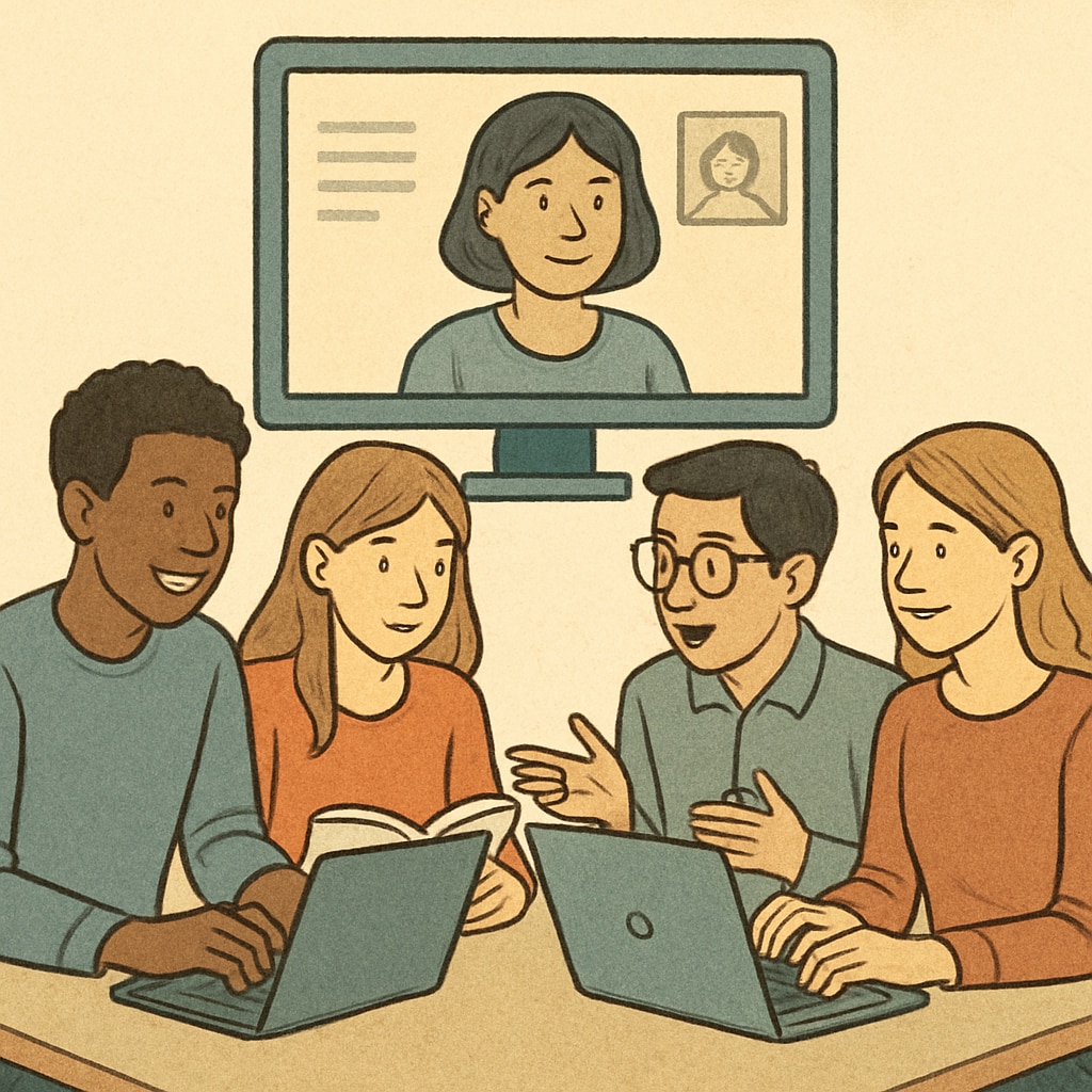 A group of students using laptops and discussing study material in an online setting, representing a digital study group. Nursing students collaborating in an online study session.