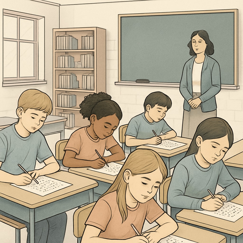 A group of students taking a standardized test in a classroom, focused and engaged. Students taking a math aptitude test during campus recruitment.