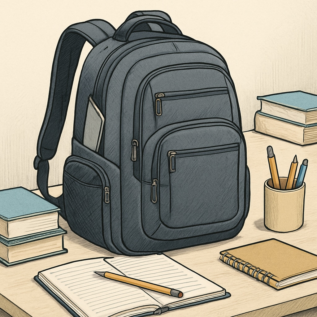 A sturdy college backpack with multiple compartments, padded straps, and a laptop sleeve, placed on a study desk. College backpack with practical features like compartments and padded straps.