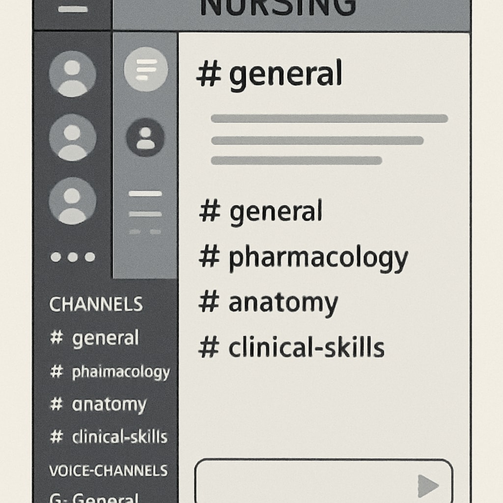 A screenshot of a well-organized Discord server with multiple channels dedicated to nursing topics like pharmacology, anatomy, and clinical skills. A Discord server interface showing nursing study group channels.
