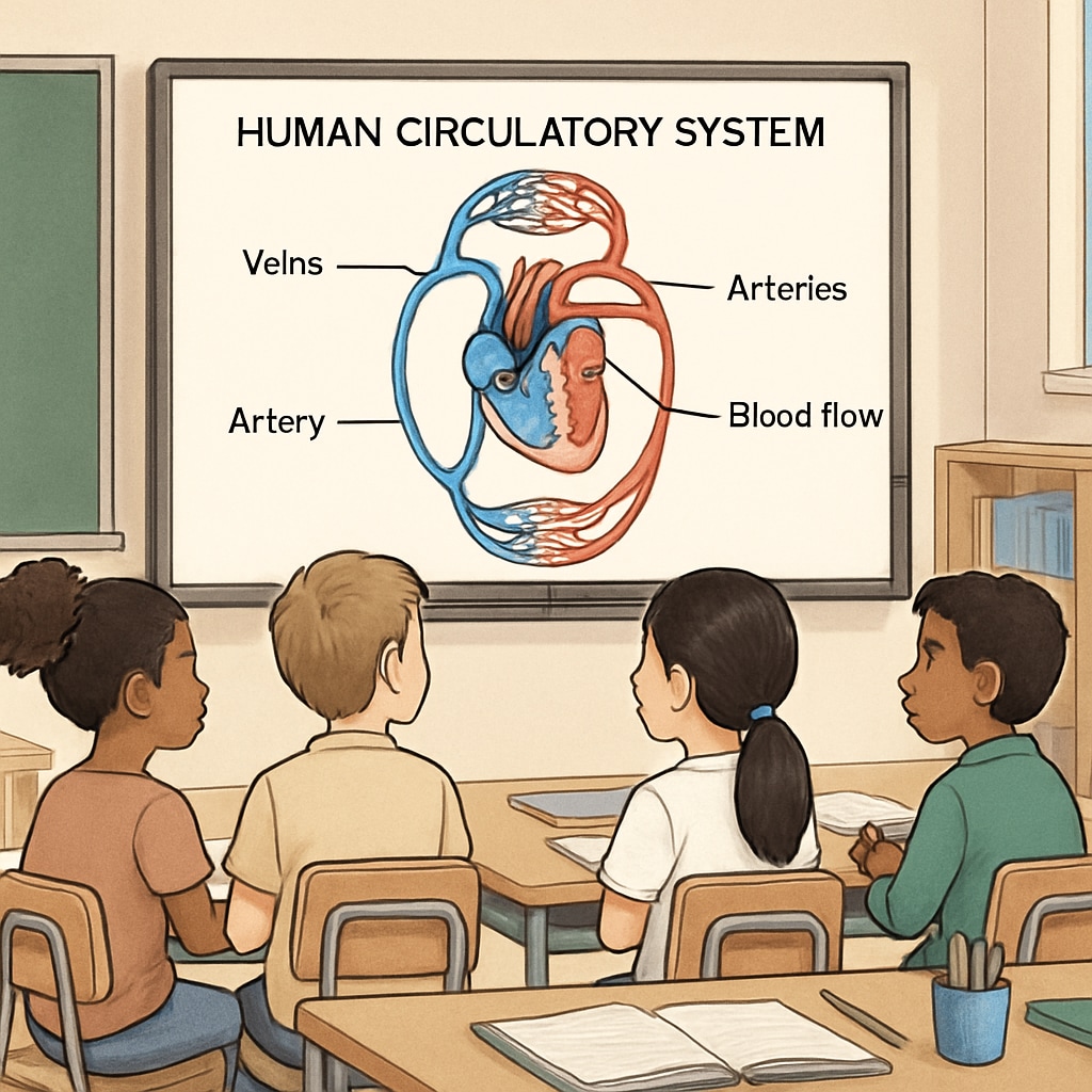 A group of diverse children in a classroom setting, learning from an interactive board displaying the human circulatory system. Children learning human anatomy on an interactive board in a medical education class.