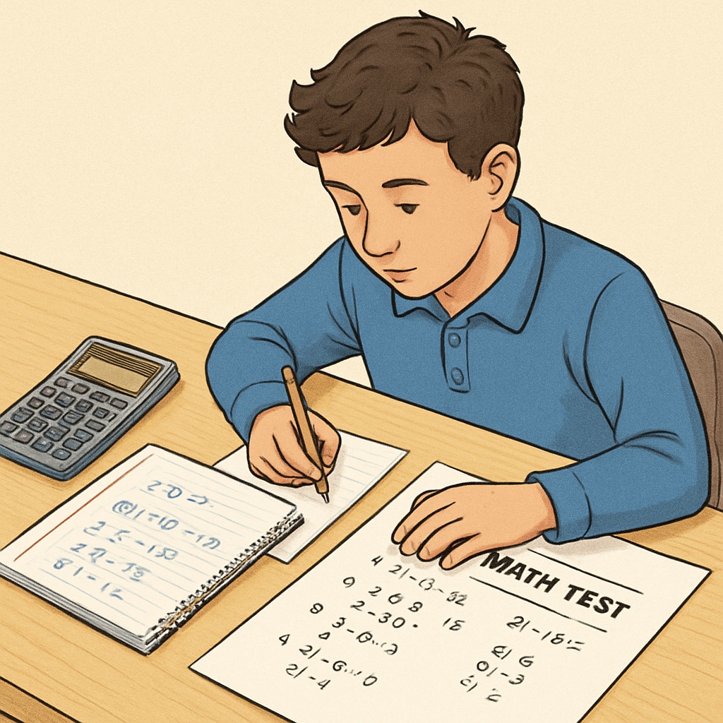 A close-up of a student solving math problems on paper, with a calculator and test materials. A student preparing for a math aptitude test with study materials.