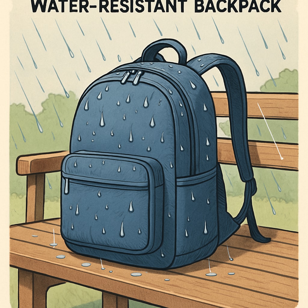 A water-resistant college backpack placed outdoors on a bench during light rain, showcasing durability. Water-resistant college backpack ideal for rainy weather.