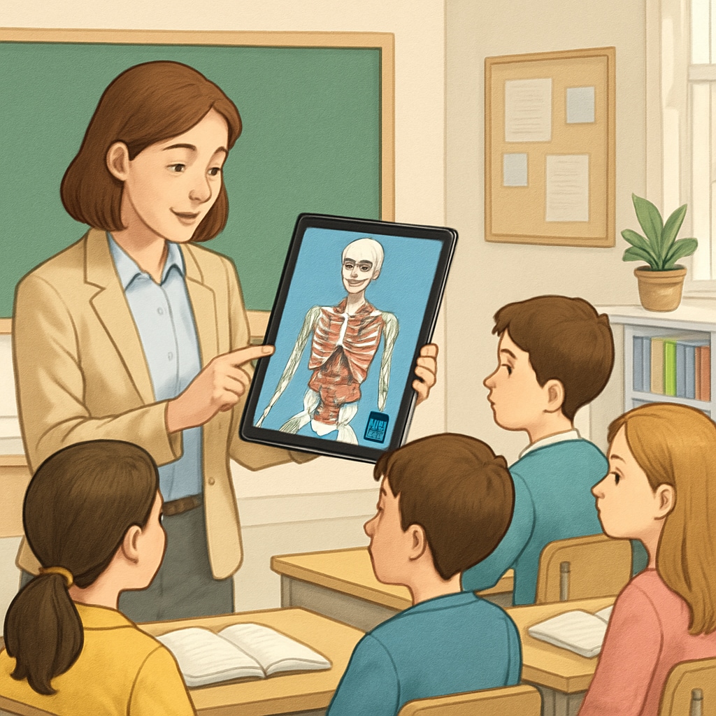 A teacher using a tablet to showcase an interactive anatomy app to students in a bright classroom. A teacher demonstrating an anatomy app to students during a medical education lesson.
