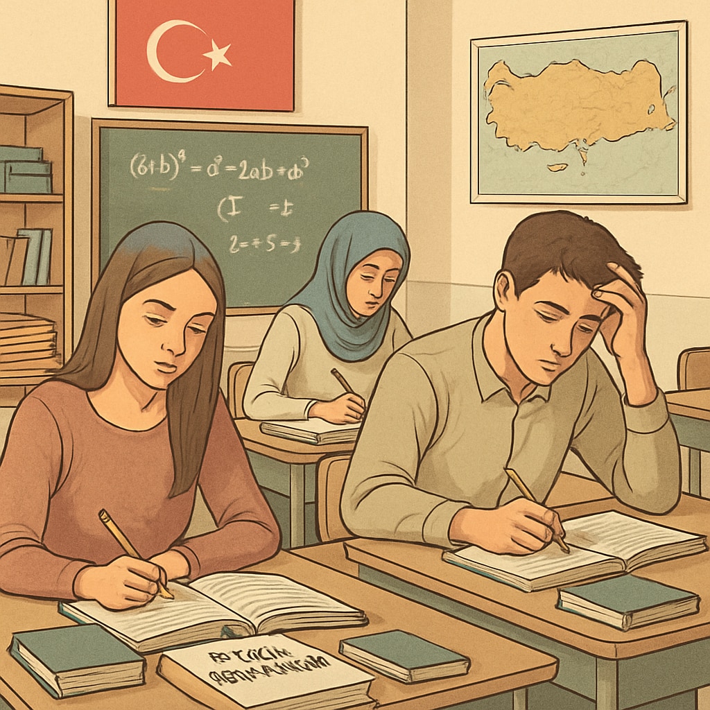 A classroom in Turkey where students are engaged in an exam preparation session, symbolizing the intense focus on exams in the education system. Turkish students in a classroom focused on exam preparation, representing an exam-driven education system.
