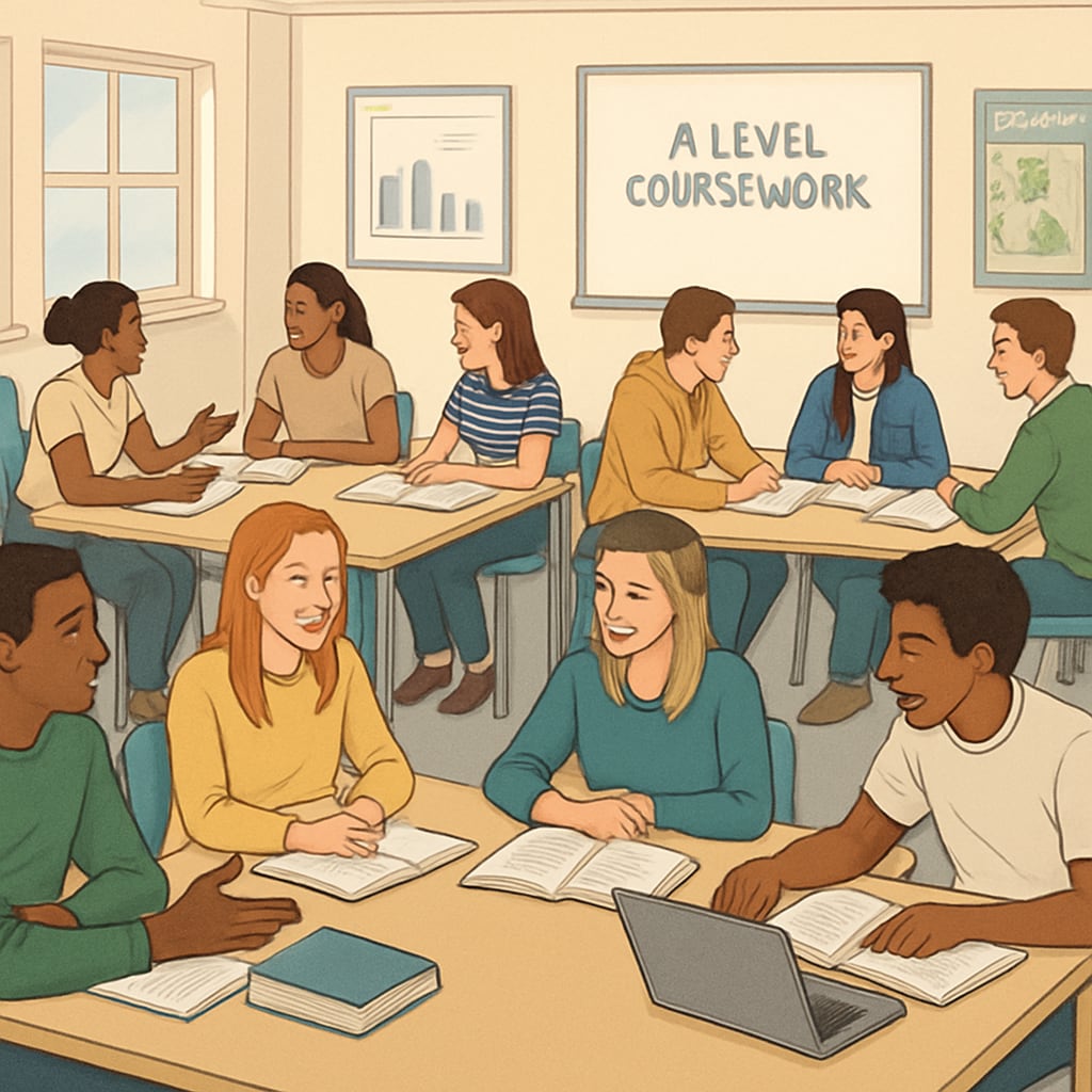 A collaborative classroom environment in the UK where students are discussing A Level coursework, emphasizing student engagement and independent learning. UK students working together on A Level coursework, showcasing a flexible and student-centered education model.