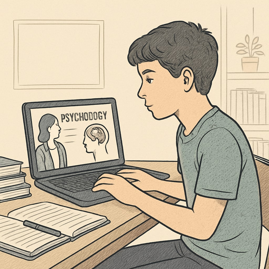 A student engaging in online courses for psychology and philosophy learning.