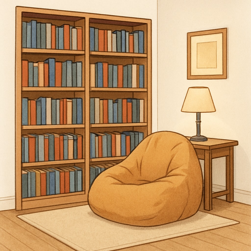 A cozy reading corner with bookshelves and a beanbag chair, showing an inviting space to read. Comfortable reading space promoting interest in reading comprehension.