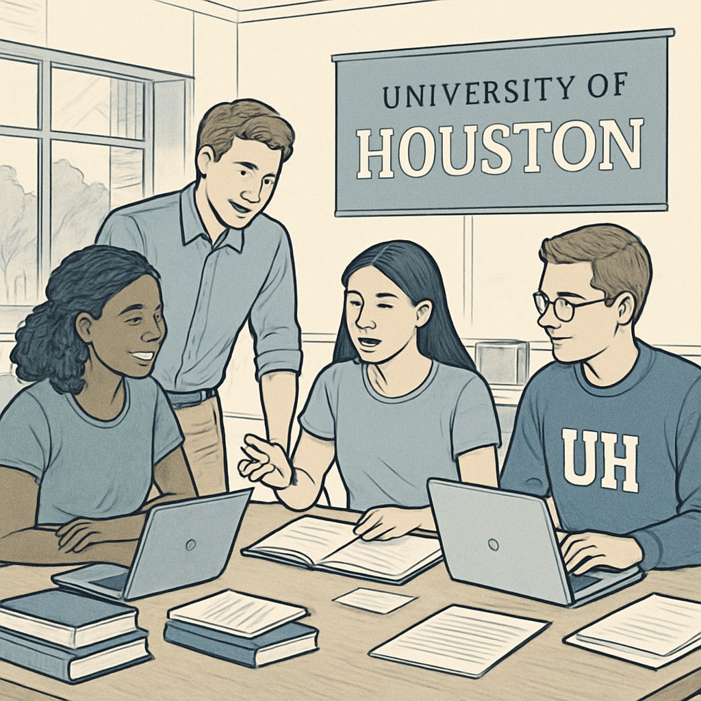 Collaborative study group at University of Houston library with students sharing ideas.