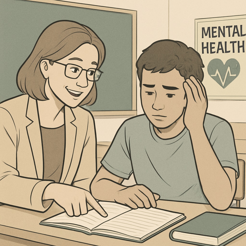 Teacher assisting a student with exam-related stress, promoting mental well-being in education.
