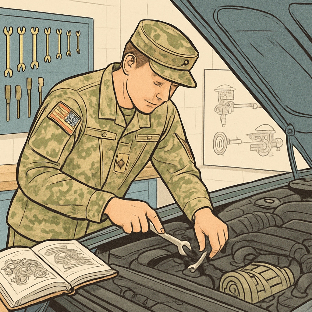 Military parent working on automotive technology project in a workshop.