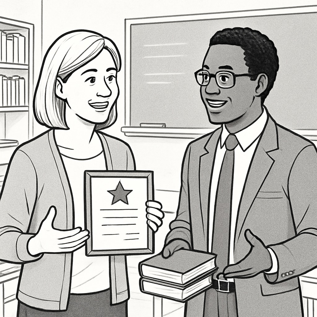 A teacher discussing their achievements with a trusted colleague in a school setting, symbolizing alternative reference choices. Teacher discussing achievements with a colleague to explore alternative references.