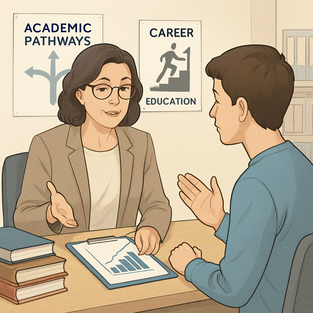 Career counselor guiding a student through non-traditional career options after GCSEs.