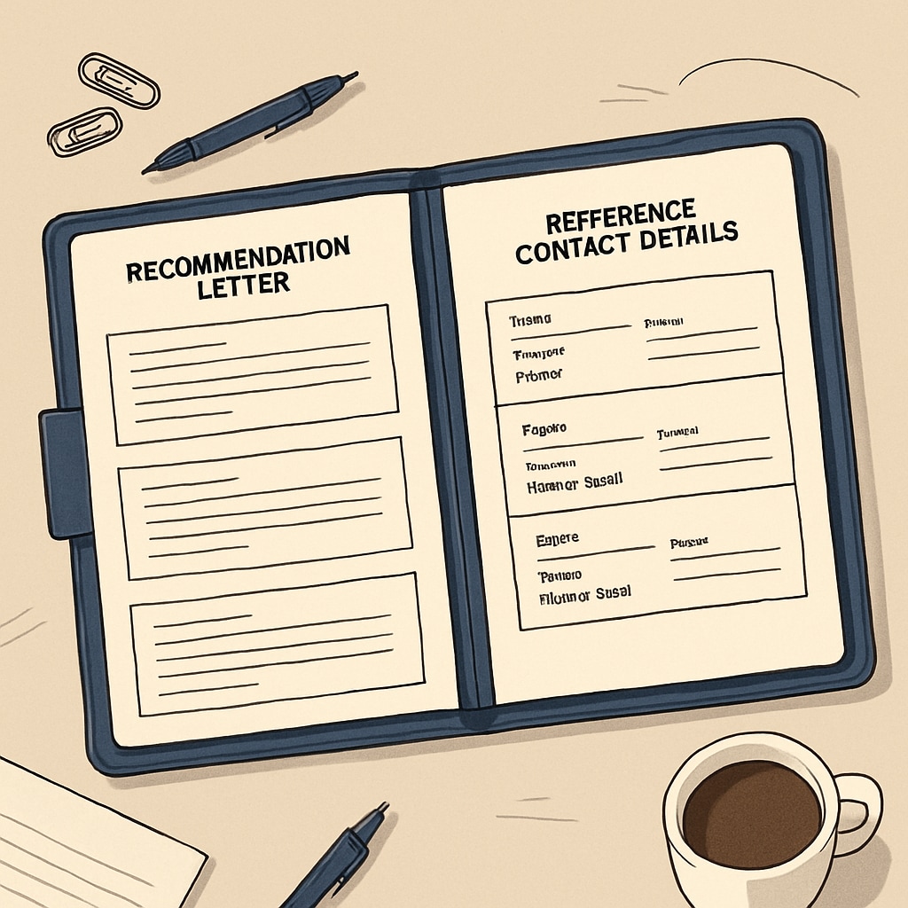 A portfolio containing recommendation letters and reference contact details, emphasizing preparation for job applications. Portfolio with recommendation letters and reference details prepared for job applications.