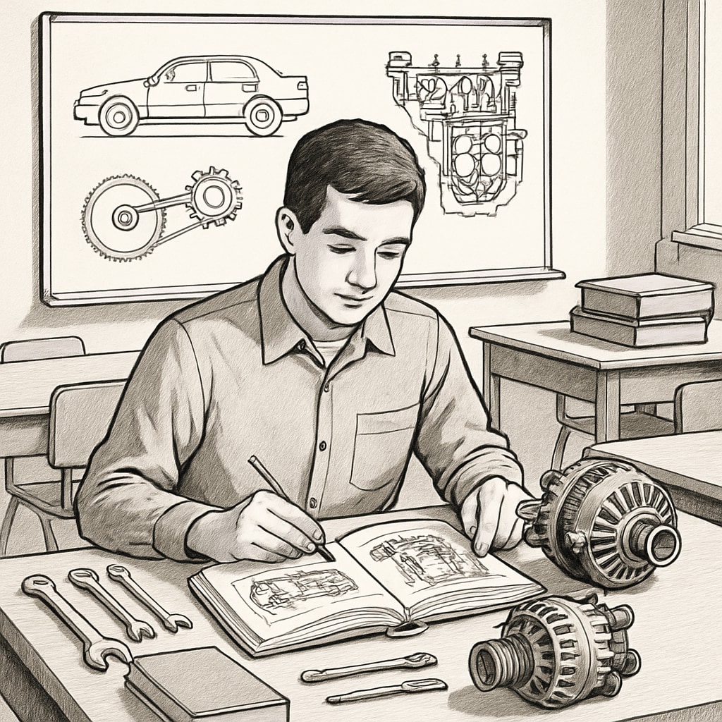 Student in classroom studying automotive engineering with books and tools.