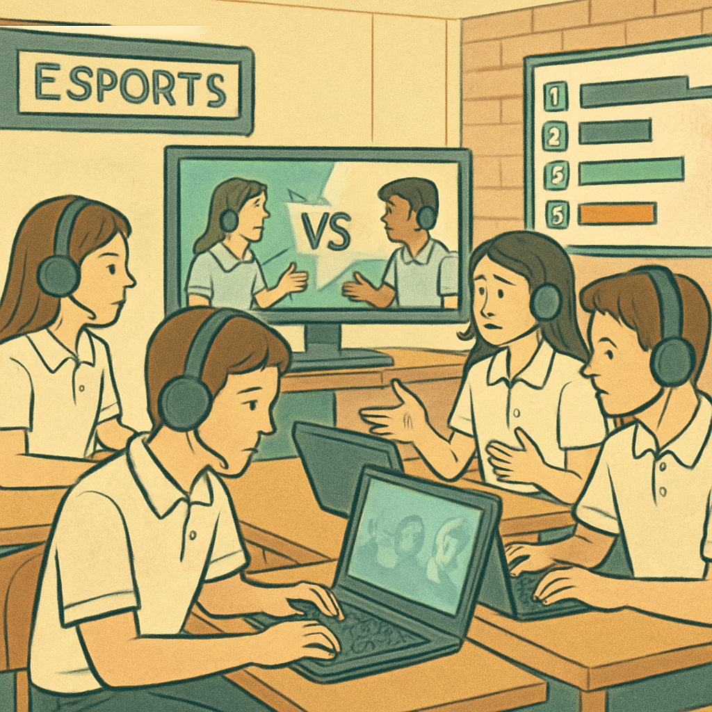 Students participating in an esports tournament, showcasing collaboration and engagement in a gamified learning environment. Esports and gamified learning activity involving students in a team-based tournament.