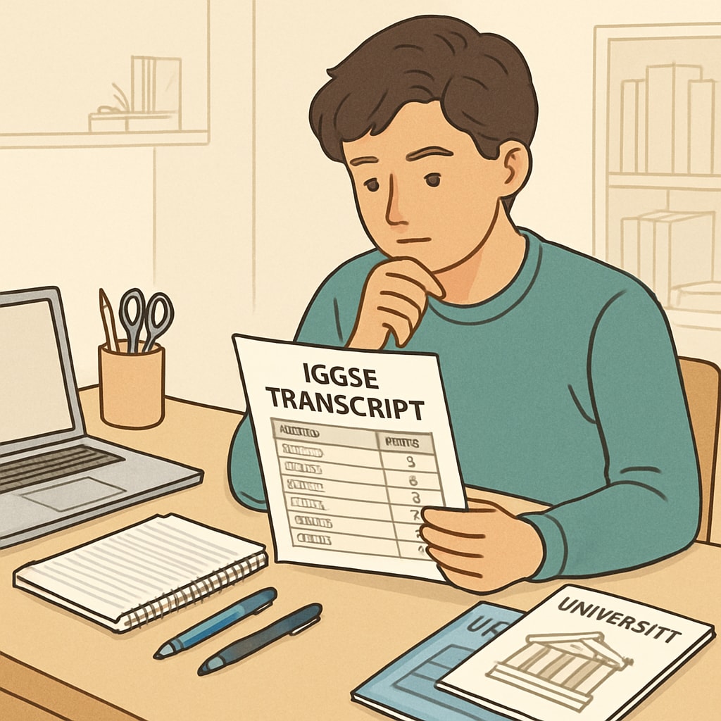 A high-school student reviewing their IGCSE transcript and planning university applications. Student reviewing IGCSE transcript for U.S. university applications.