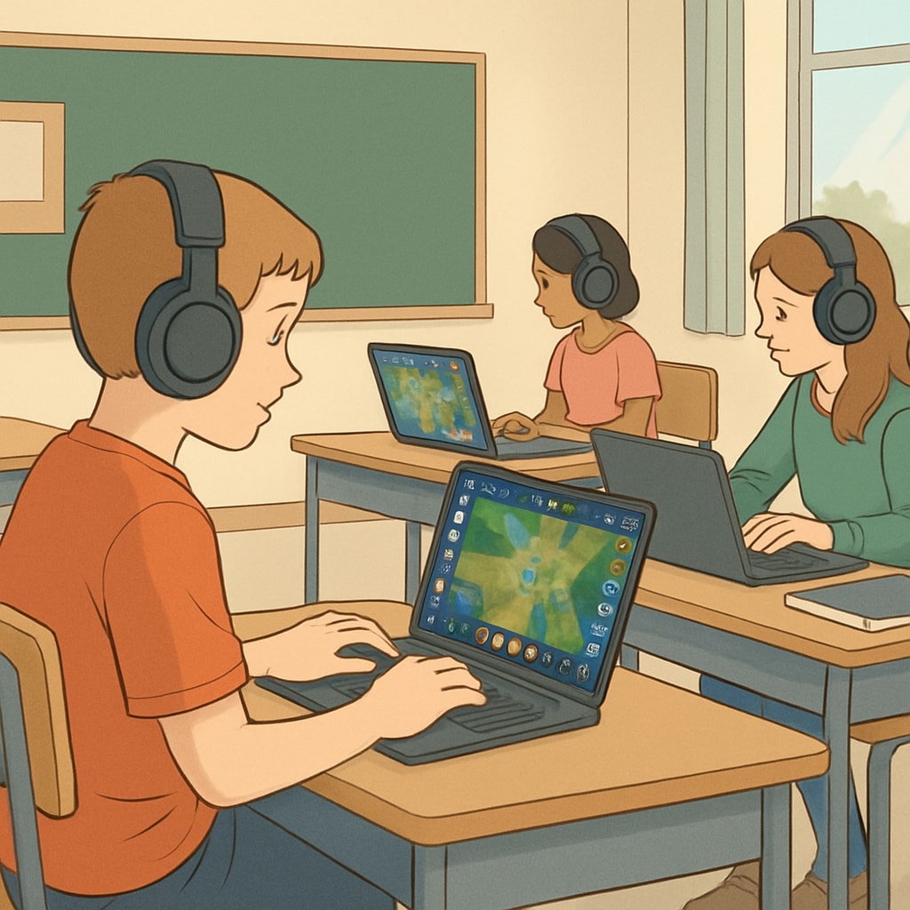 A classroom where students use laptops for esports-based educational activities, illustrating the integration of gaming and learning. Classroom scene with students engaging in esports-based gamified education.