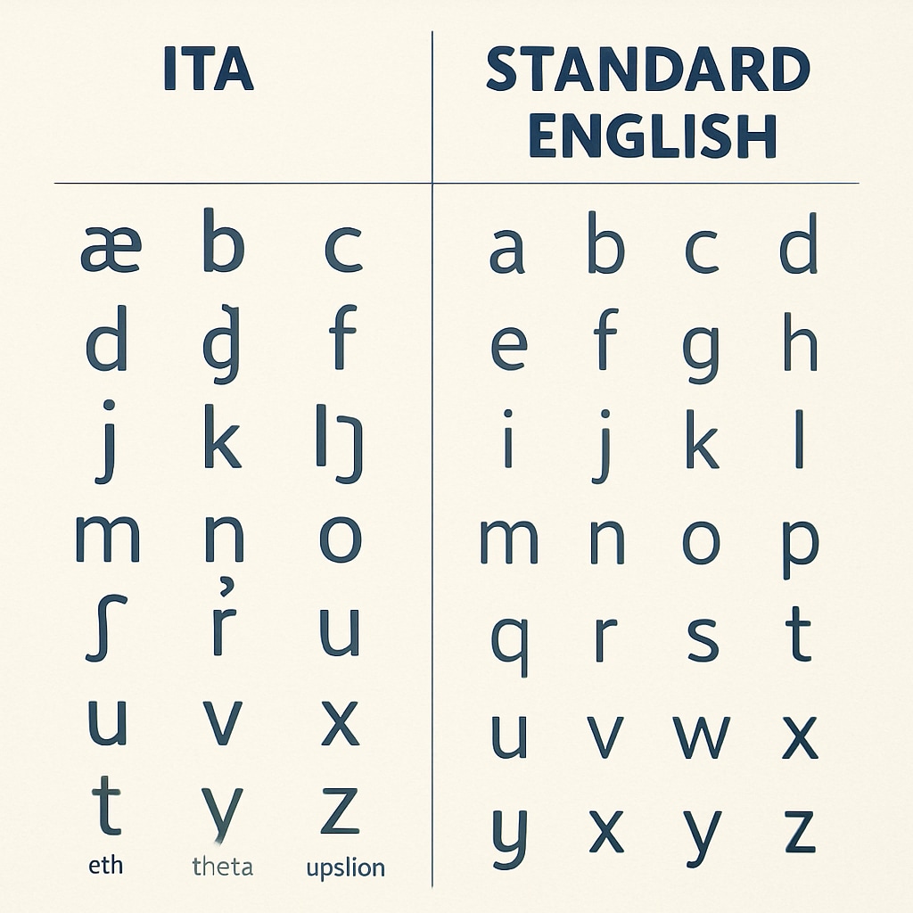 Illustration showing the ITA alphabet with its unique phonetic characters compared to standard English alphabets. ITA alphabet chart comparing unique phonetic symbols to standard English letters.