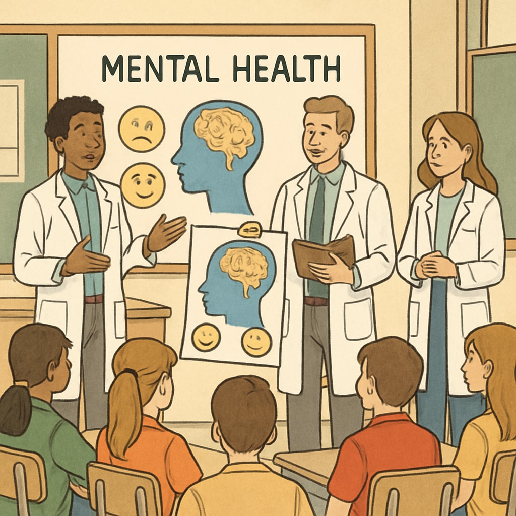 Medical students discussing mental health topics with high school students during a school assembly.