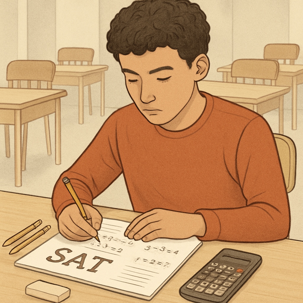 A student taking the SAT exam in a quiet testing center, focusing on the mathematics section. Student taking SAT exam for U.S. university data science programs.
