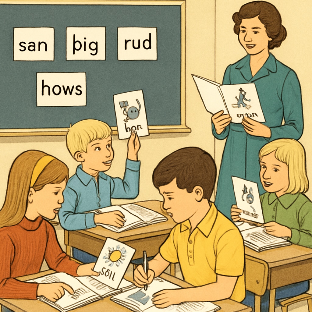 A classroom scene from the 1970s where children are engaged in learning using ITA materials, emphasizing the method's practical application in literacy instruction. 1970s classroom teaching ITA with phonetic symbol charts and student activity.