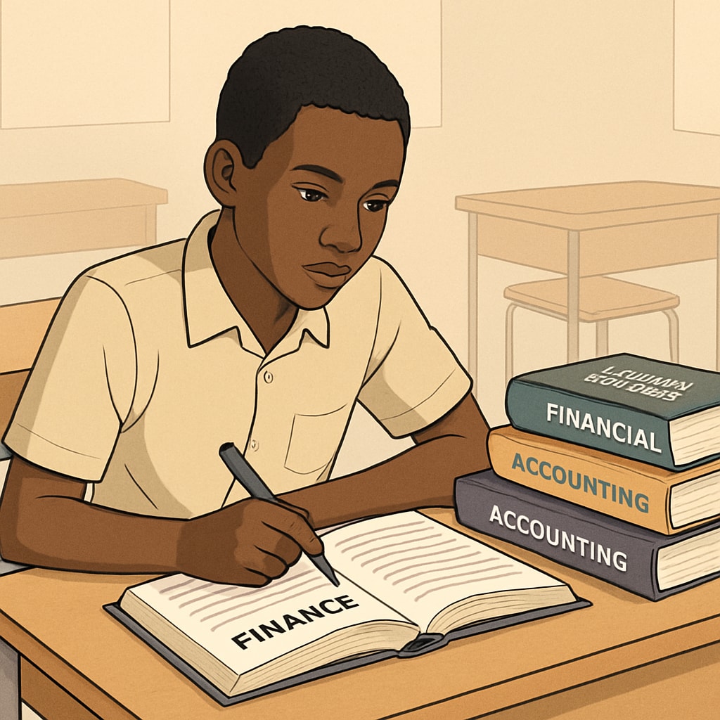 A young Malian student studying with financial textbooks, symbolizing aspirations in the financial sector. A Malian student reading financial textbooks, representing career development in the financial industry.