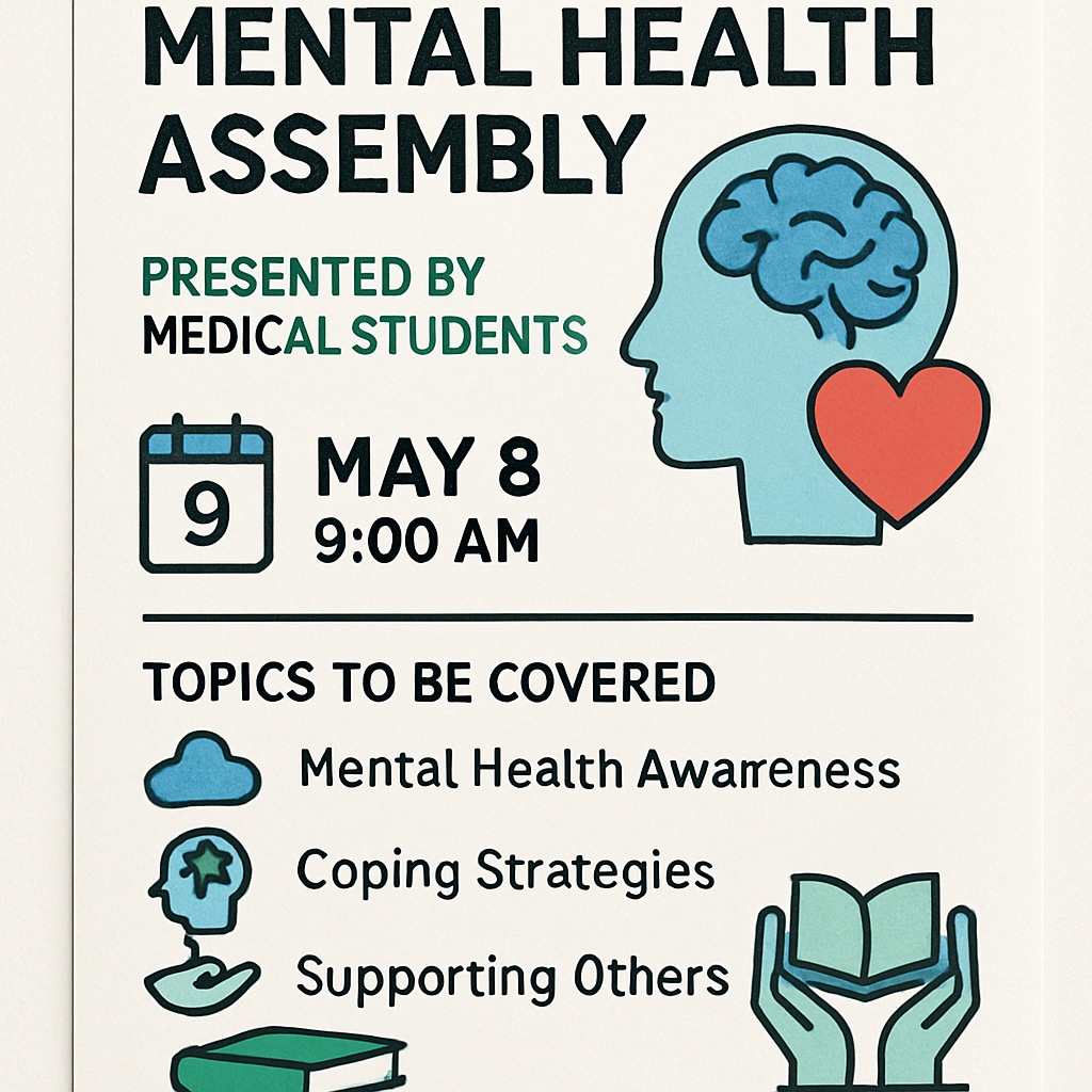 Flyer showcasing a mental health assembly in a high school, organized by medical students.