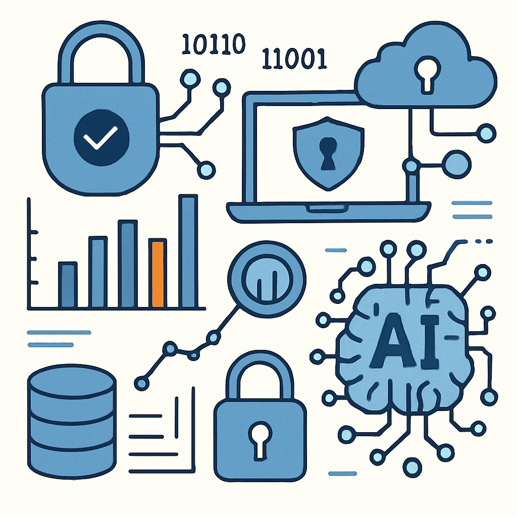 A futuristic depiction of technology blending cybersecurity and data science concepts, including icons of locks, data graphs, and artificial intelligence. Technology image representing cybersecurity and data science career choices