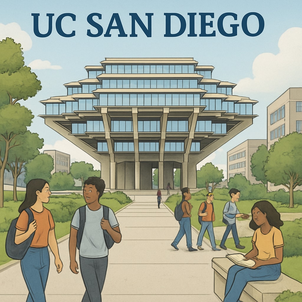 UC San Diego campus with students walking and modern buildings in view.