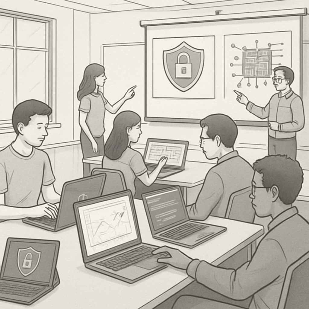 A classroom setting where students are engaged in cybersecurity simulations and data science projects, showcasing hands-on learning experiences. Students working on cybersecurity and data science projects
