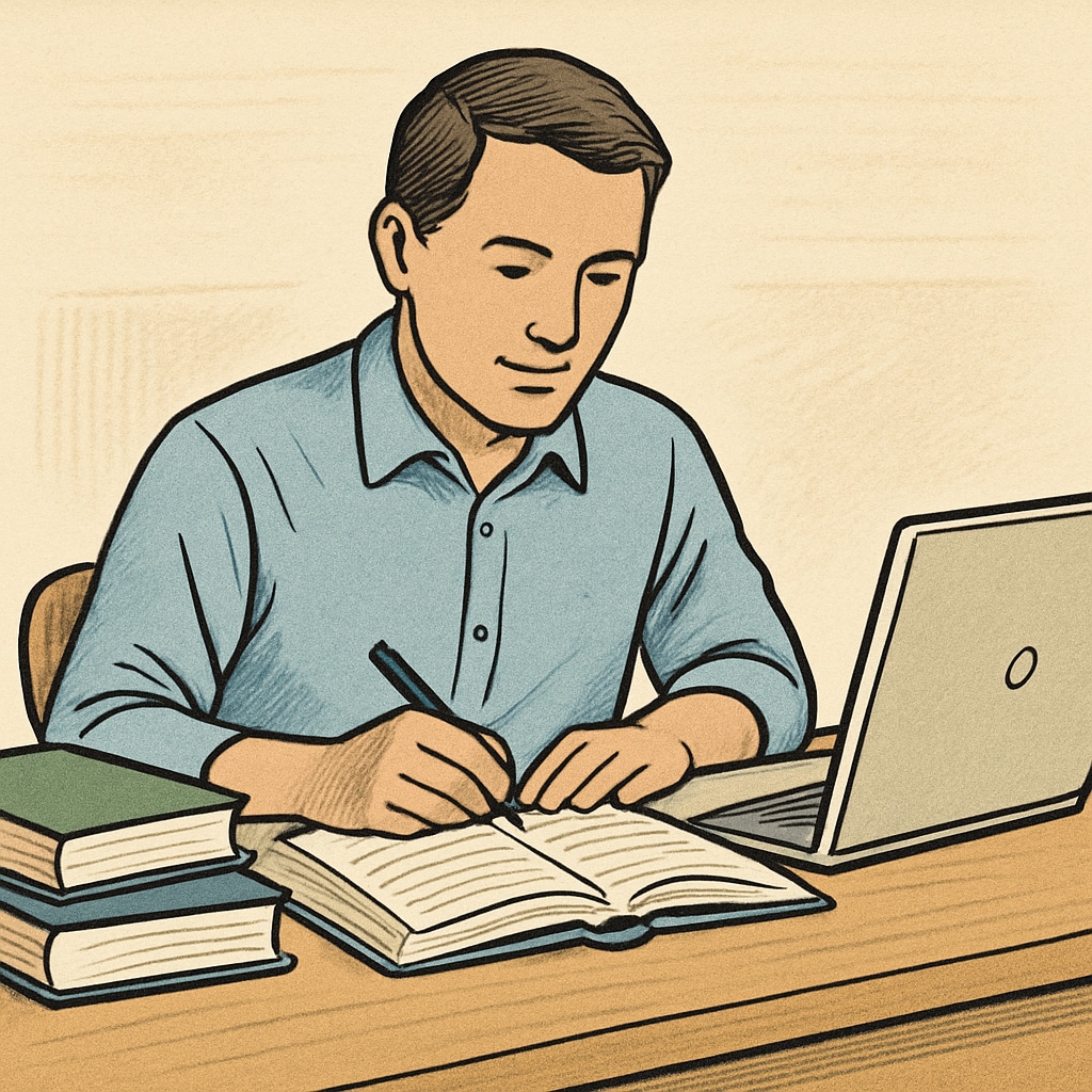 An adult learner sitting at a desk with books and a laptop, symbolizing the balance between work and study. Adult learner balancing work and study with books and laptop.