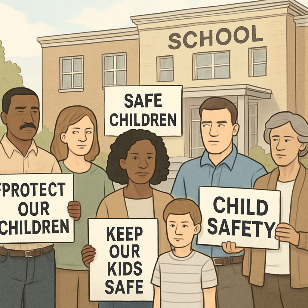 A group of parents and community members protesting outside a school board meeting, holding signs advocating for child safety. Parents protesting against child abuse convicts on school boards.