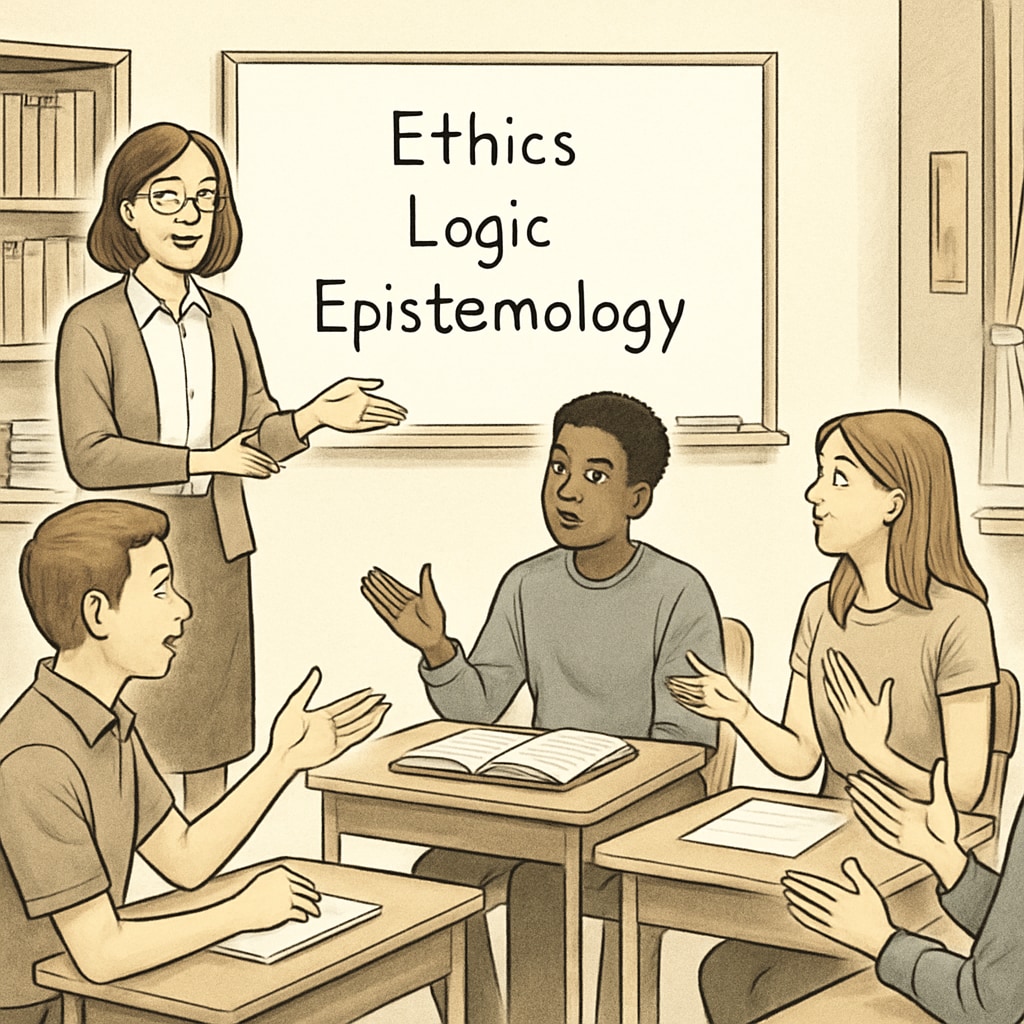 Teacher leading a debate with students, exploring philosophical concepts as part of K12 education.