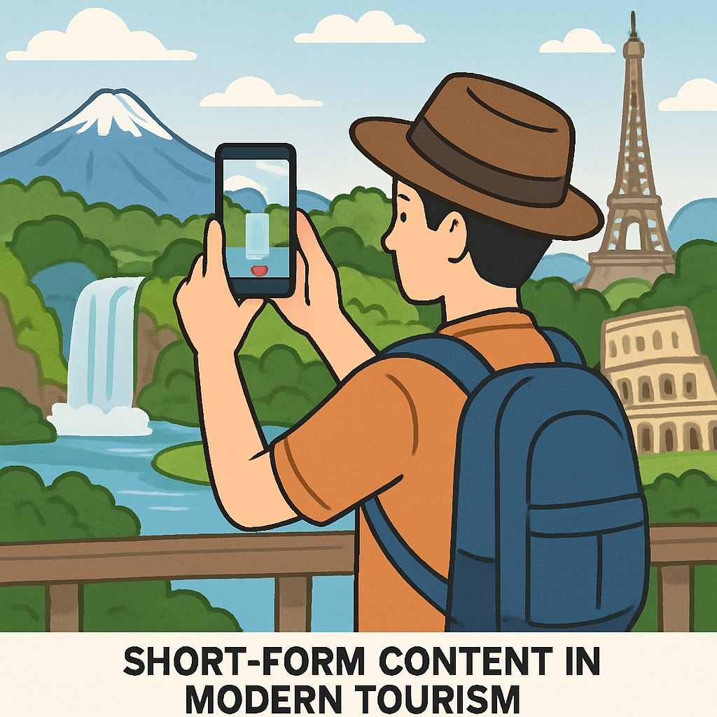 A vibrant image of a traveler recording a short video at a scenic tourist spot, symbolizing the influence of short-form content in tourism. Traveler recording a short video at a tourist spot.