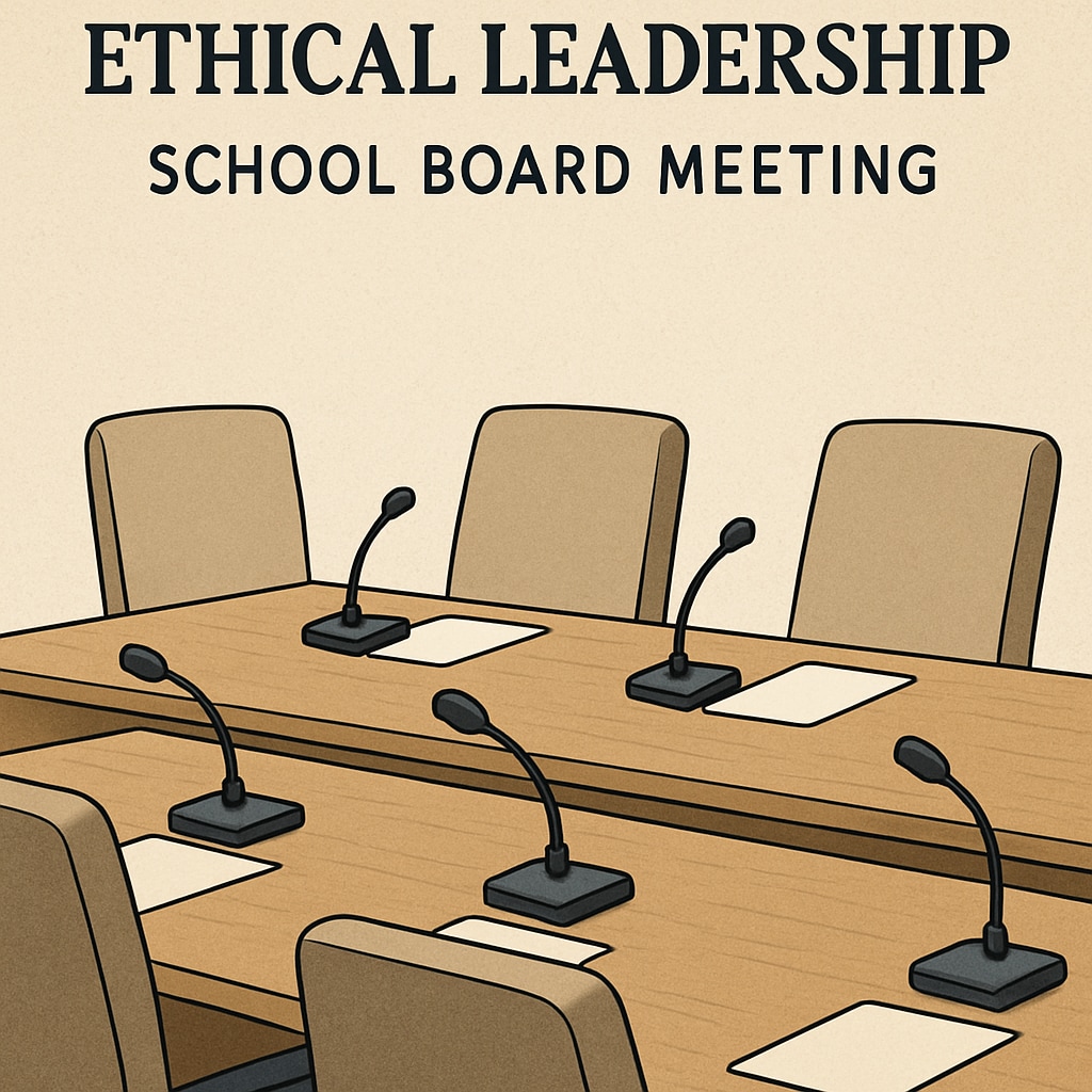 A school board meeting setup with empty chairs and microphones, symbolizing the importance of ethical leadership. Symbolic image representing ethical leadership in school boards.