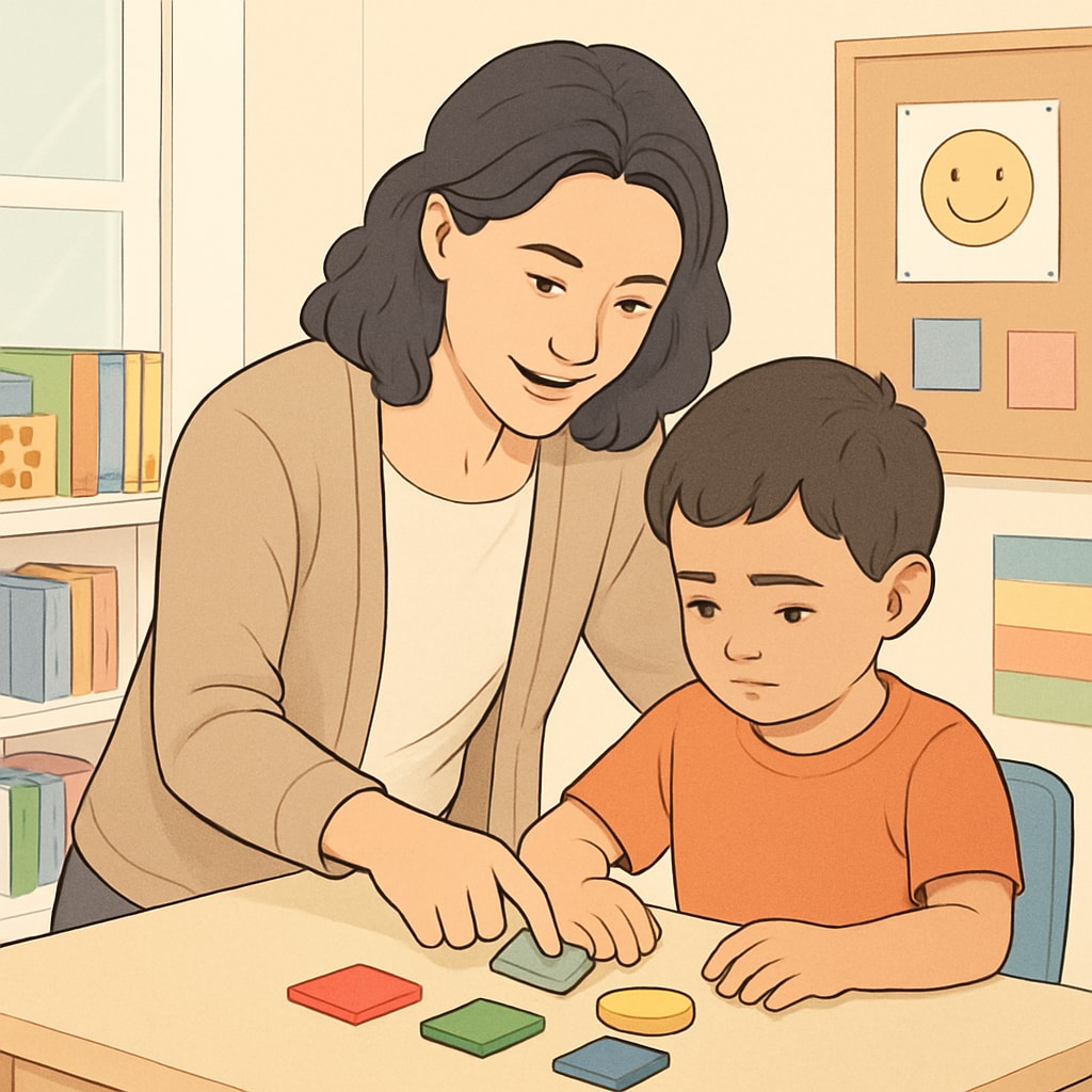 Teacher helping a child with autism in a classroom activity