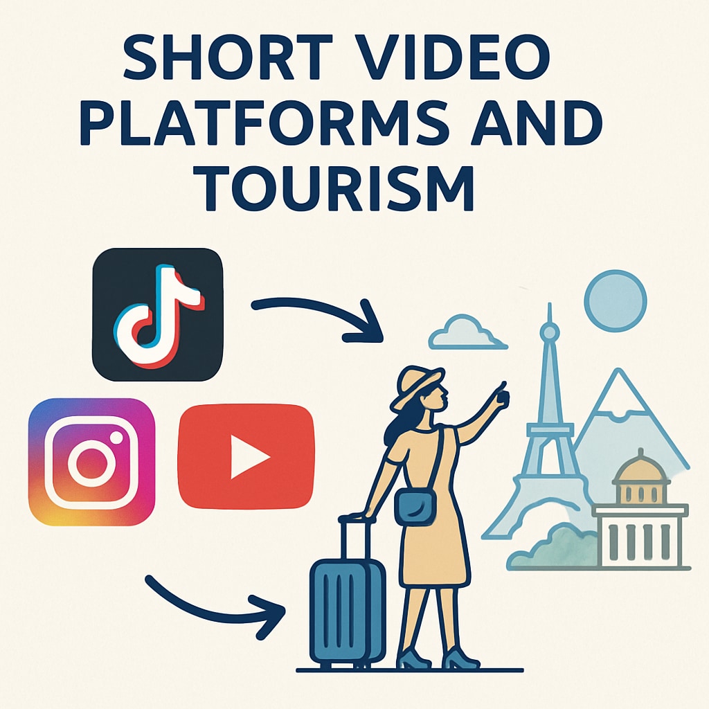 A conceptual graphic showing the connection between short video platforms and tourism, featuring icons of TikTok, Instagram, and YouTube. Conceptual graphic of short video platforms and tourism.