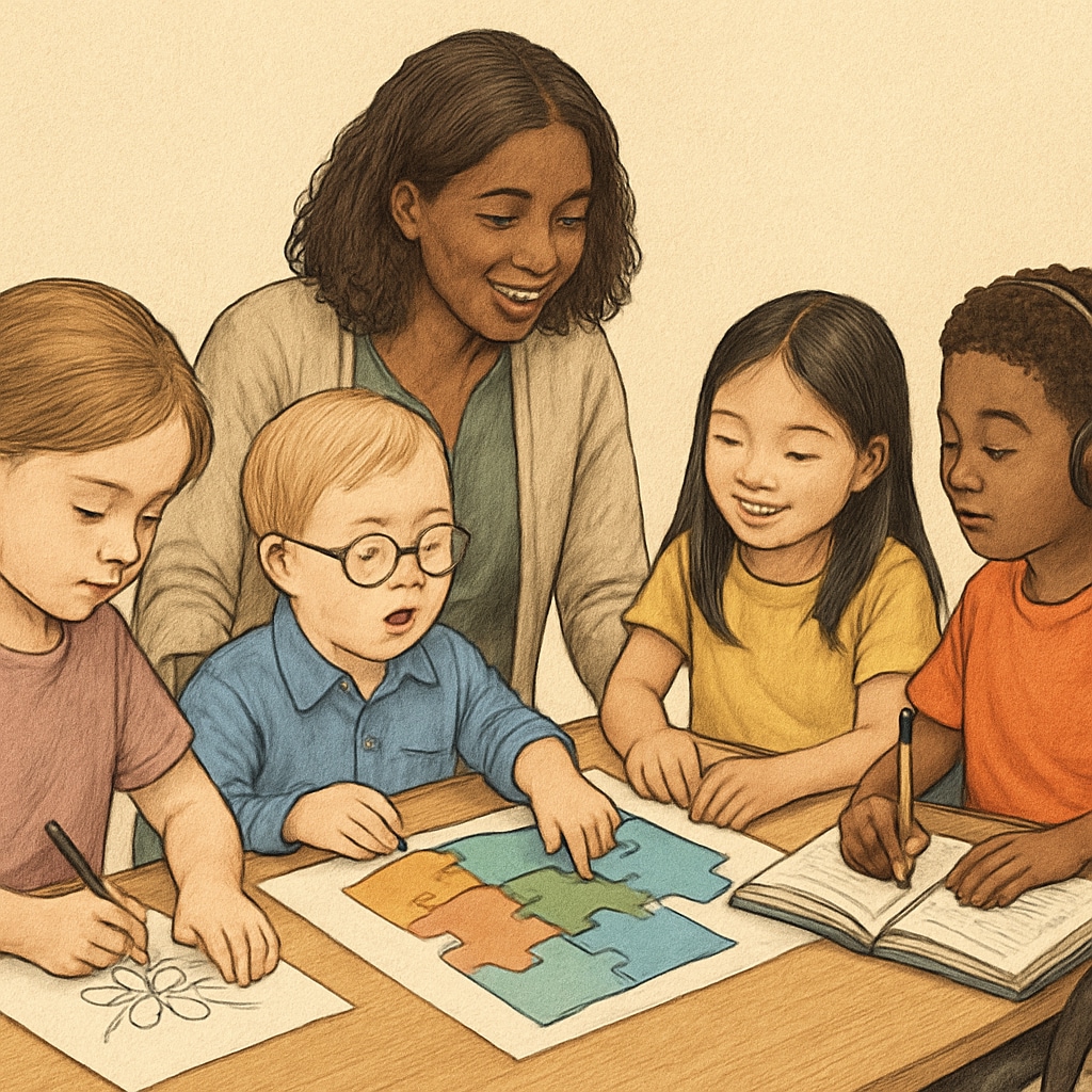 Teacher assistant with children in an inclusive classroom setting
