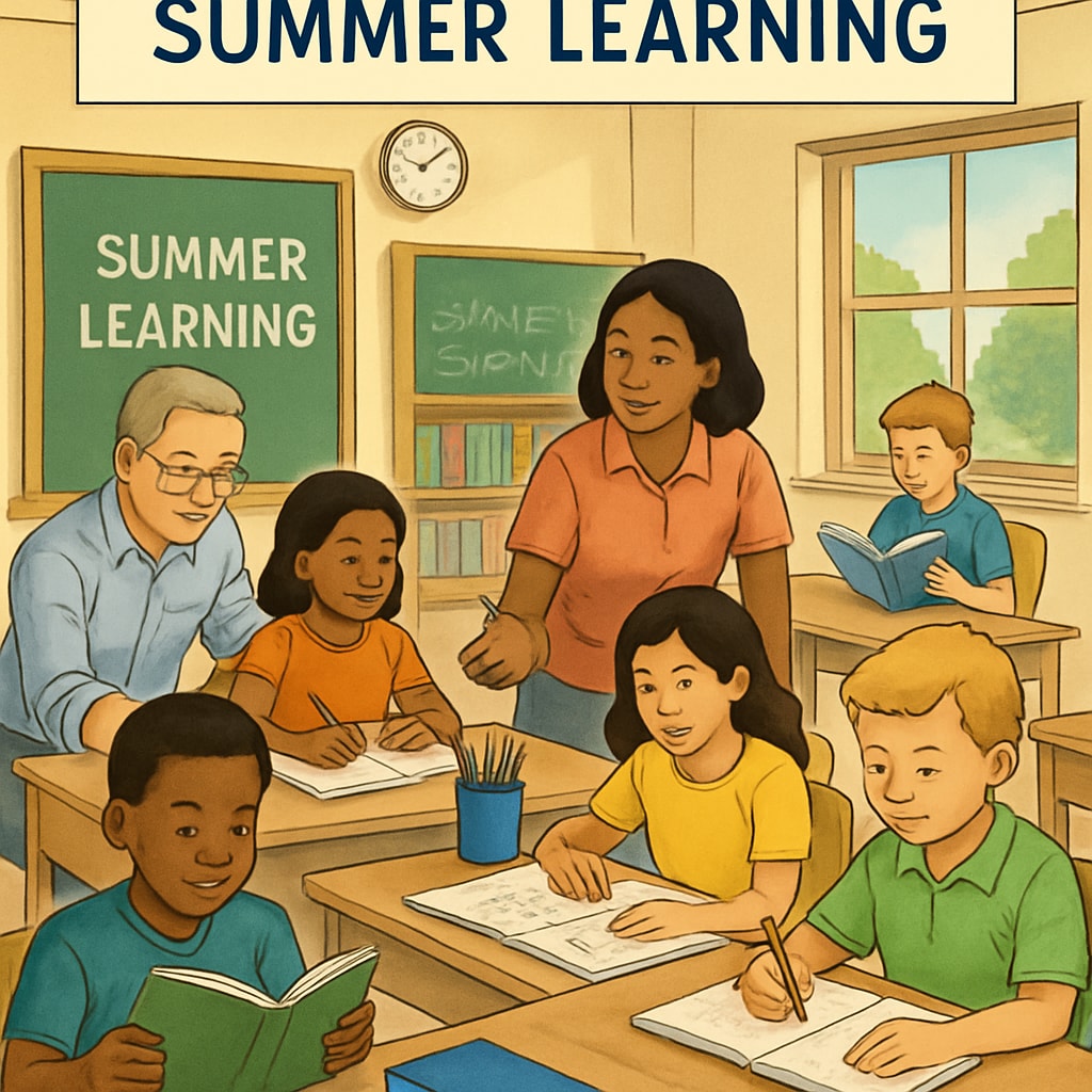 A classroom with students actively participating in summer learning activities to exemplify year-round schooling benefits. Students in a classroom during summer learning, showcasing year-round school education advantages.