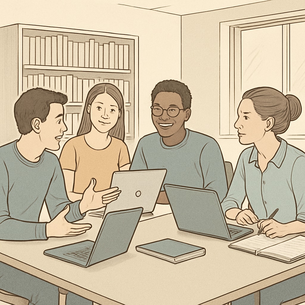 A group of university students collaborating in a study room, discussing coursework with laptops and notebooks open. Students working together in a study room at Houston University.