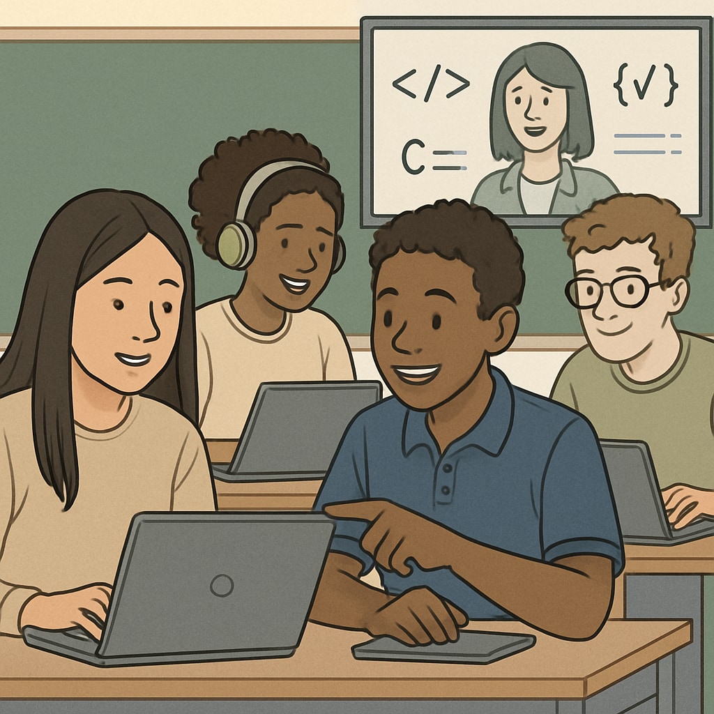 A diverse group of high school students engaging in an online coding workshop. High school students participating in a coding workshop as part of extracurricular education resources.