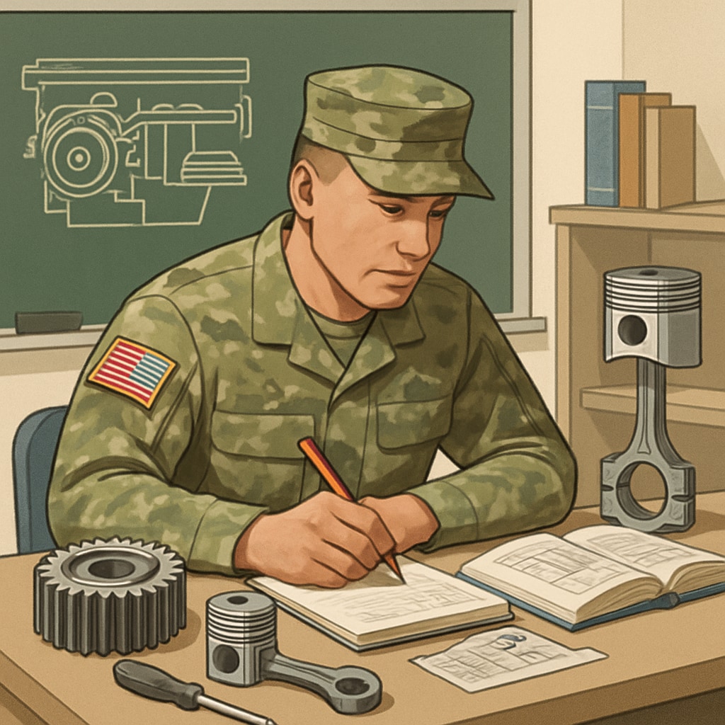 A photo of a military veteran studying automotive engineering in a classroom setting. Military veteran studying automotive engineering, related to automotive technology bachelor's degree.